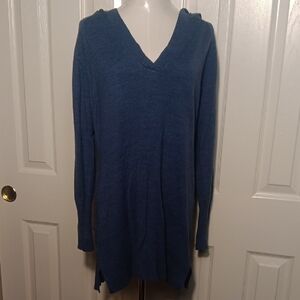 New York & Company Blue V-Neck Hoodie Sweater